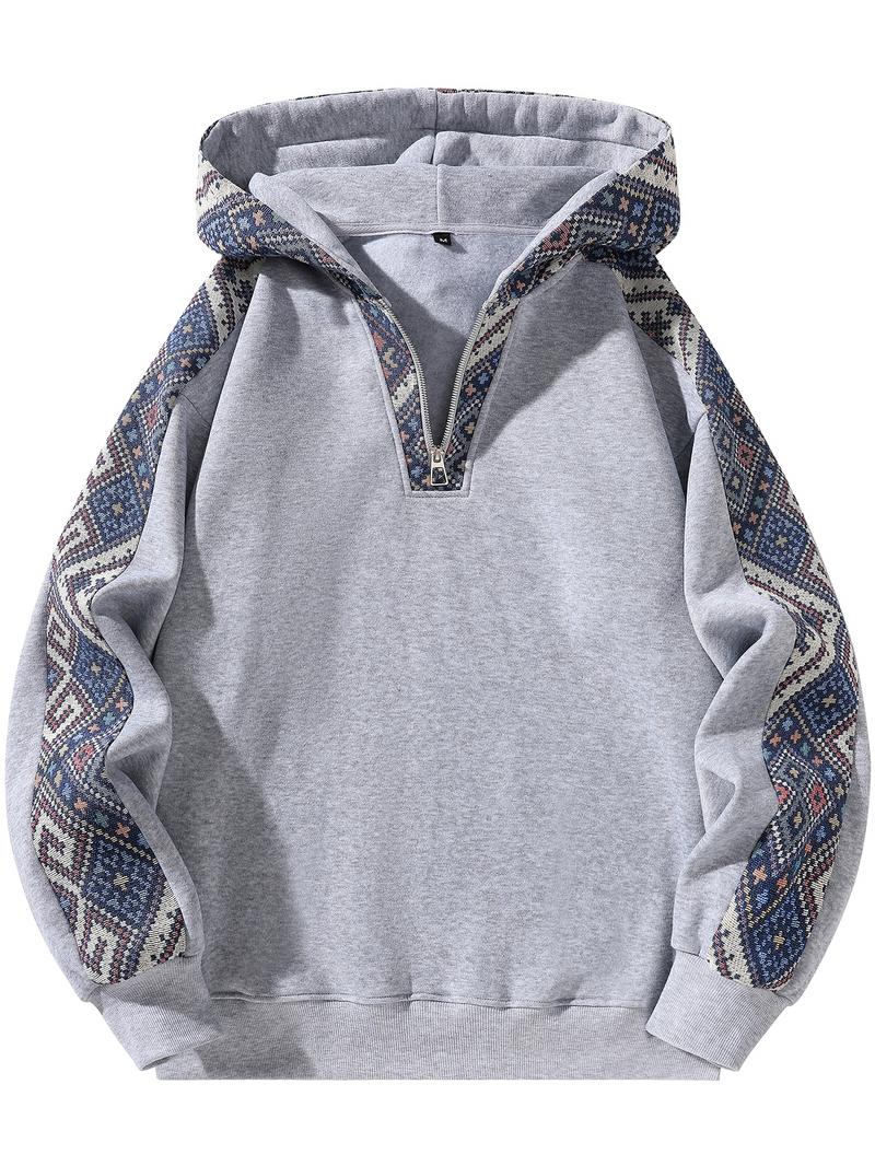 Unisex Retro Ethnic Patchwork Half Zip Hoodie, Casual Comfy Regular Fit Long Sleeve Pullover for Fall & Winter Daily Wear