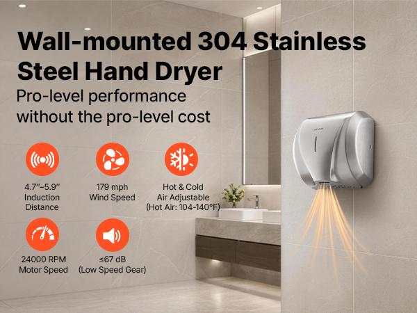 VEVOR 1800W Power Stainless Steel Hand Dryer, Automatic High-Speed Commercial Wall-Mounted Unit with HEPA Filter, Fast Drying, Brushed Finish, Heavy-Duty, AC110-120V for Restroom, Hotel