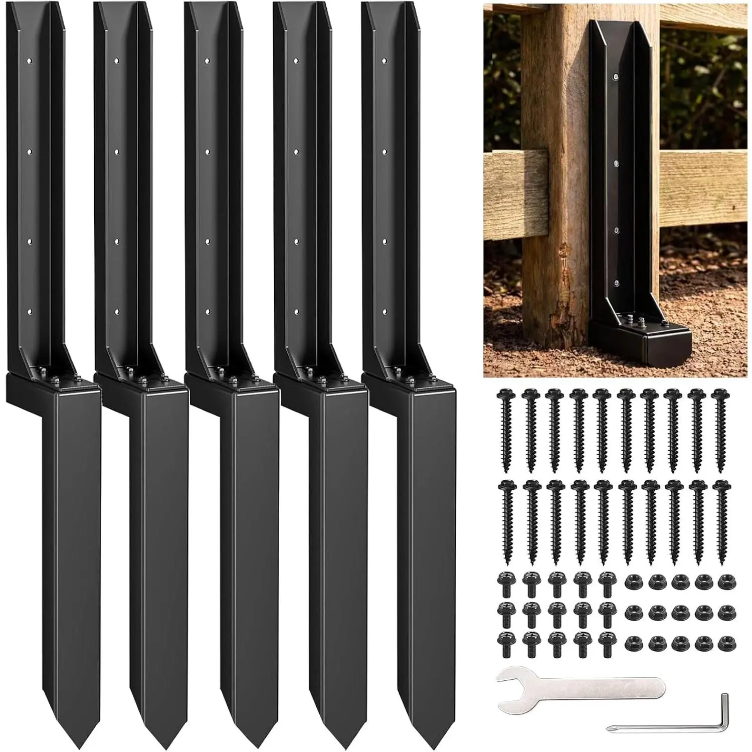 5 Pack Fence  Repair Kit, Heavy Duty Steel  Repair Stakes for Broken or Leaning Wooden Fence Posts, Support Brackets for 4x4 and 6x6 Posts