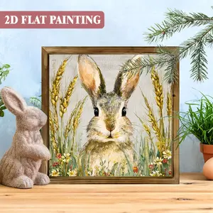 2D Flat, 8x8 Inch Wood Framed Easter Bunny Farmhouse Wall/Table Decor - Suitable for Home Decoration, Spring Bunny Painting with Hooks, Wheat Field Sign for Bedroom, Porch, Cafe, Gift for or Country Housewarming, 2D Flat