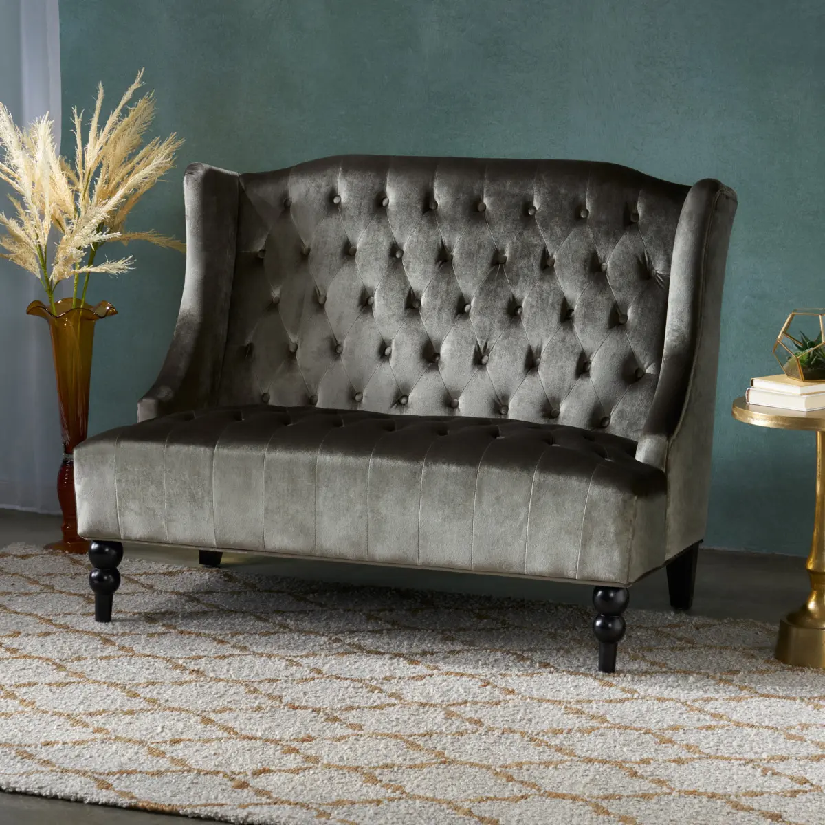 Vintage Velvet Wingback Loveseat with Deep Button Tufting and Carved Wood Legs for Living Room, Bedroom & Hotel Lobby