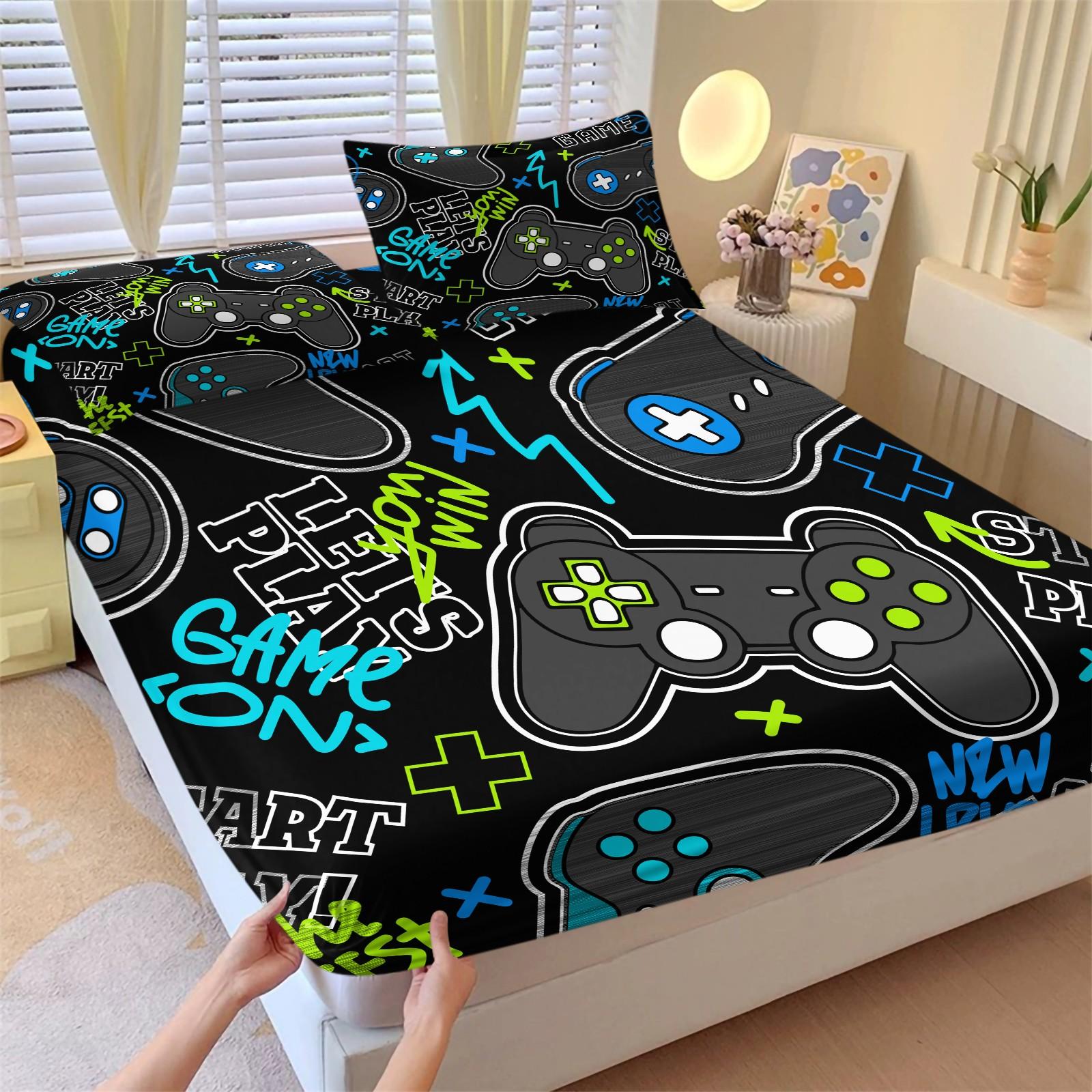 3 Piece Gamer Fitted Sheet Set, 1 Fitted Sheet + 2 Pillowcases, Cool Game Controller Bedding for Boys Teens Gamers, Gaming Room Decor for Kids Bedroom Dorm, Ideal Gift for Video Game Lovers