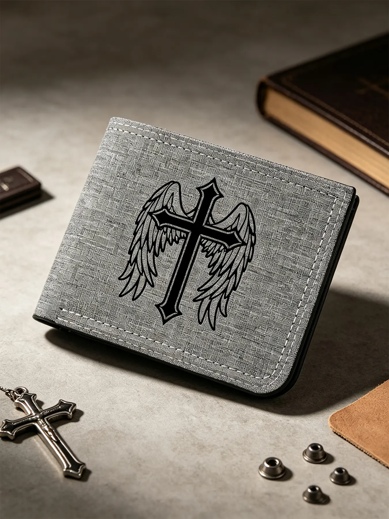 Cross Wing Print Slim Credit Card Holder, Canvas Bifold Wallet With Button Coin Pocket, Mini Money Clip Bill Fold Purse, Holiday Gift, Bi Fold Wallets