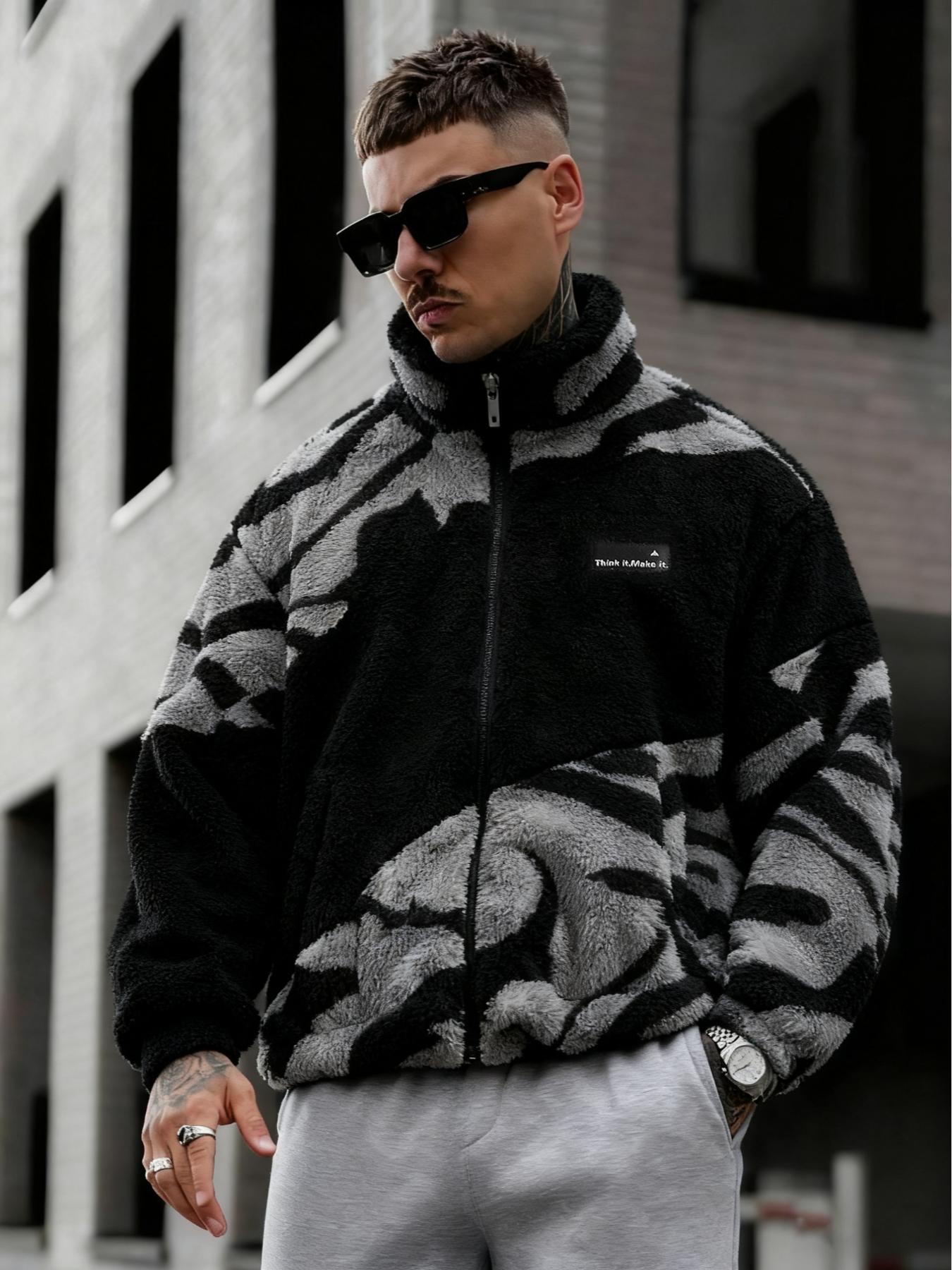 Abstract Pattern Fleece Zip - Up Jacket, Cozy Streetwear Outfit, Trendy TikTok Must - Have, Coats