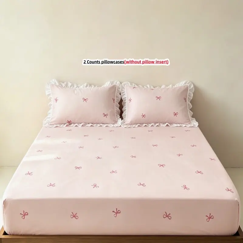 3pc Cute Bow Print Fitted Sheet Set, Cute Bedding, Includes 1 Fitted Sheet and 2 Pillowcases,without pillow insert, Soft and Breathable Mattress Protector