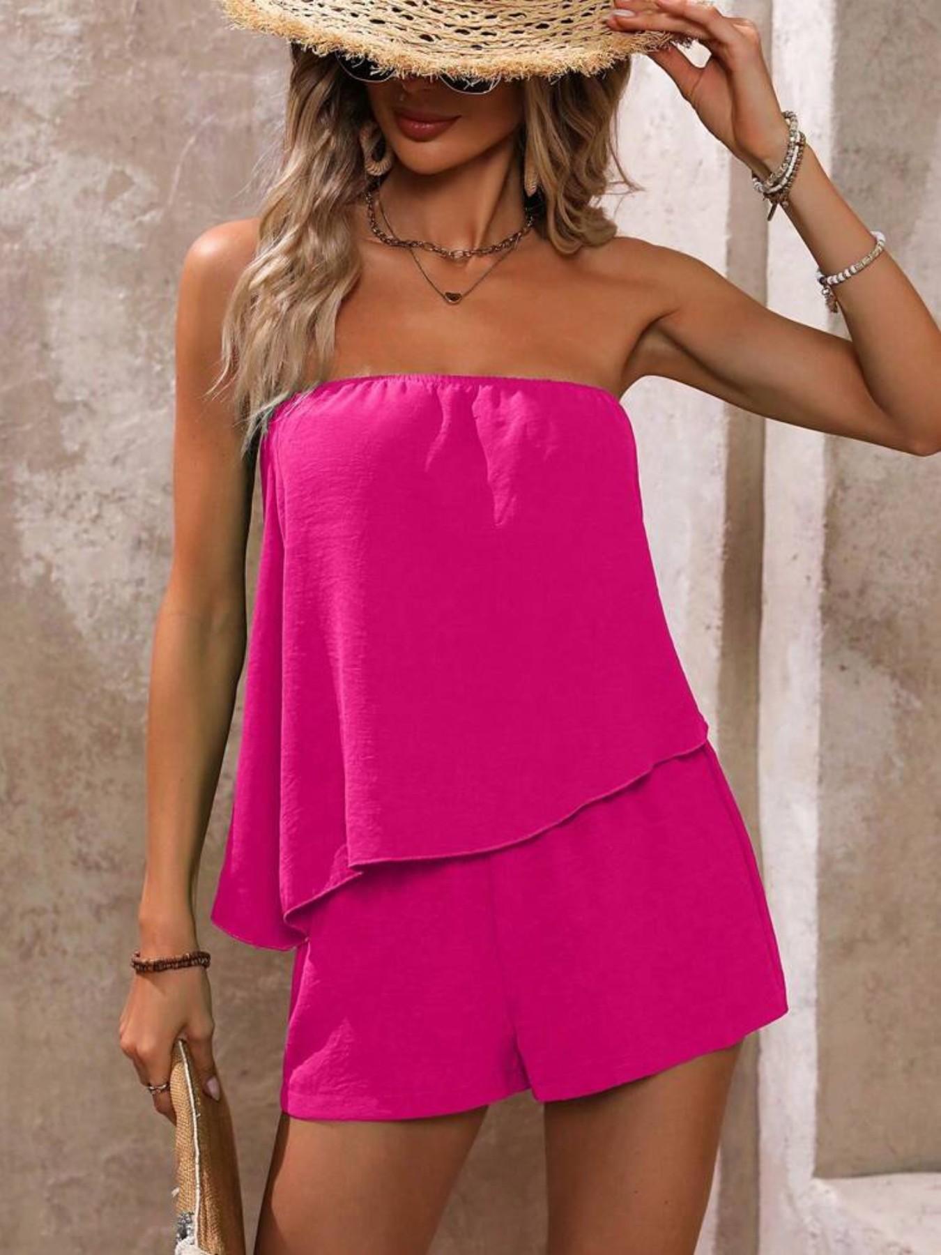 Women's Solid Color Tube Top & Shorts Matching Set, Elegant Fashion Casual Top & Shorts for Daily Outdoor Wear, Ladies Summer Clothes