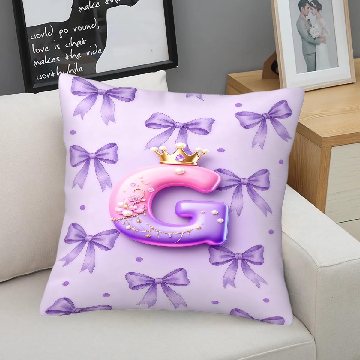 Purple 3D Letter A-Z Crown Throw Pillow 1 Pc with Insert, Soft Comfortable Square Cushion with Zipper Closure for Sofa Chair & Bedroom, Exclusive Customization with Initials Gift, Princess Style Home Decor