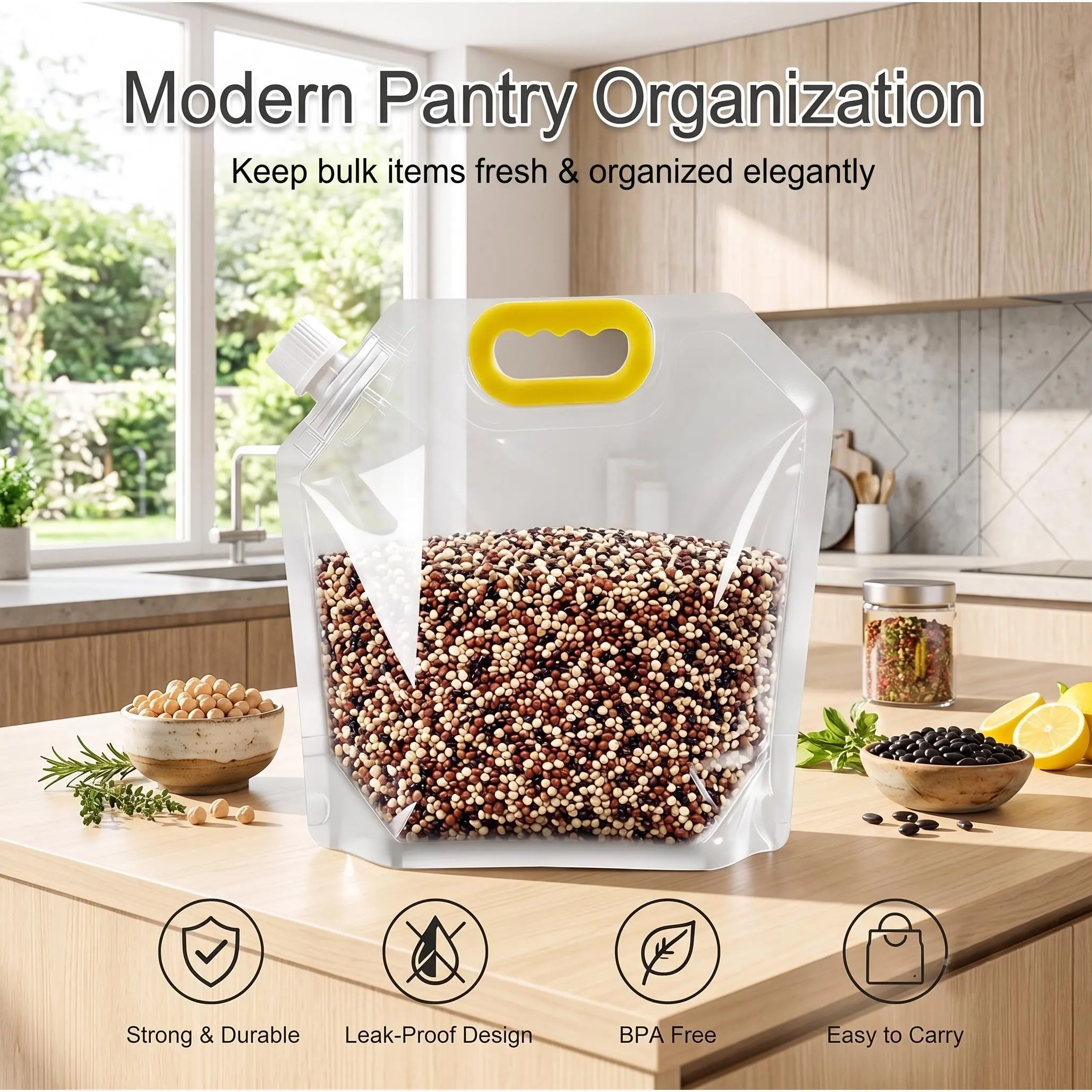 Reusable Food Storage Bags 6PCS, Extra Large 2.5L Leakproof Food Bags with Easy Pour Spout, Space Saving Pantry Organizer for Bulk Food Storage & Meal Prep