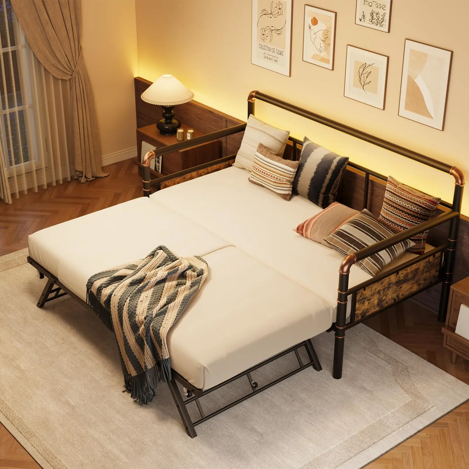 GARVEE Space-Saving Twin Pop Up Trundle Bed with Twin Mattress - Foldable Elevated, Collapsible Metal Frame, Locking Casters, Sturdy Slats Support, Upright Design, Easy Setup for Bedroom, Guest Room - Black, Brown, Foldable Elevated Bed Frames