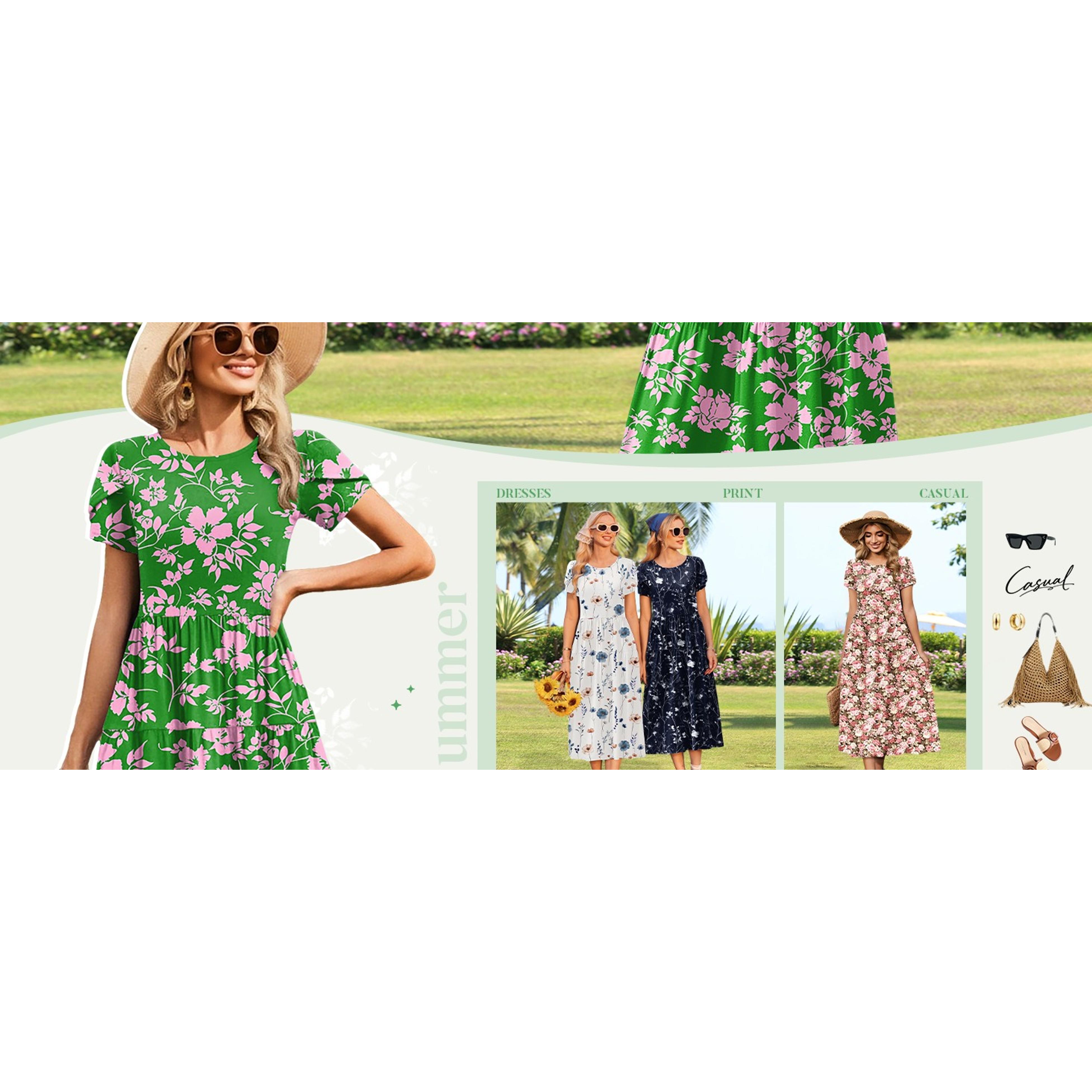 Summer Dresses for Women 2026 Maxi Bohemian Floral Short Sleeve Long Dress Casual Flowy Tiered Beach Sundress(Gift)