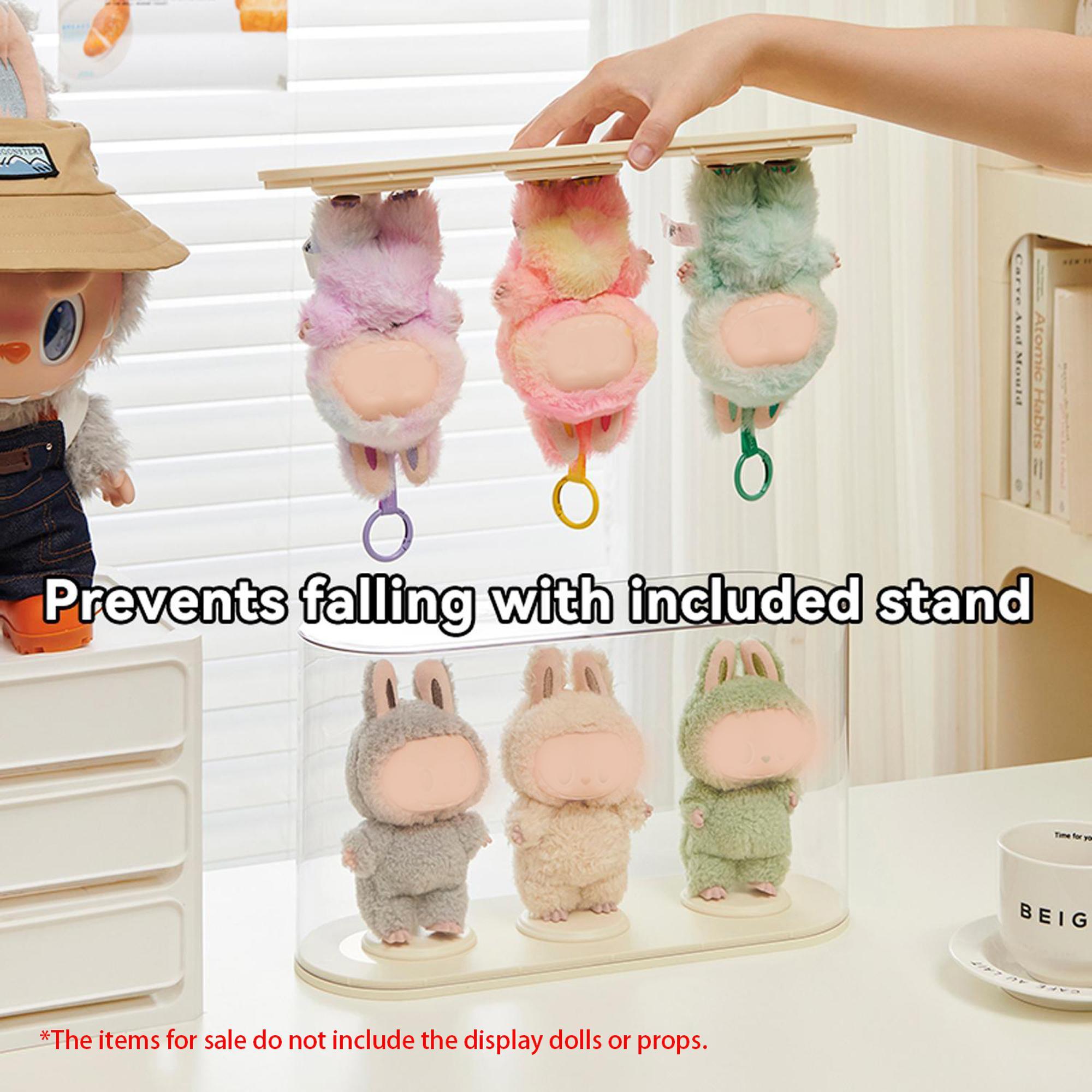 Trendy Plush Keychain Display Case with 3 Independent Stands, Stackable and Combinable, Suitable for Plush Keychains and Figurines like Labubu, Skullpanda, DIMOO, HIRONO, MOLLY, Stylish Keychain