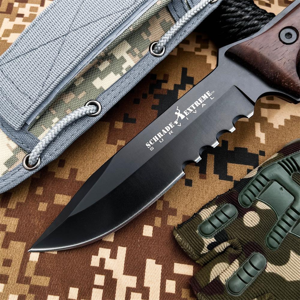 Outdoor multi-functional tactical survival straight knife, ergonomic chickenwood handle, high-hardness black-coated 7Cr13Mov blade, camouflage nylon sheath, suitable for jungle exploration, camping hiking, wilderness survival, Survival Gear