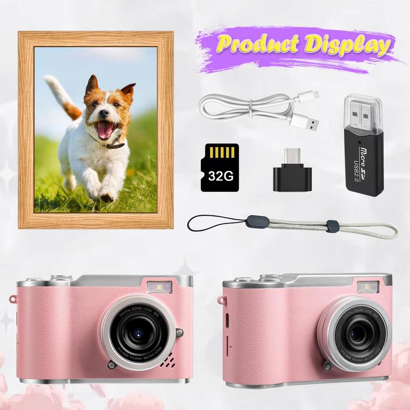 Portable Digital Cam, Student Camera, Compact Pocket Camera, 180° Degree Flip Screen Camera For Women, Entry-Level 1080P Pink Camera With 32GB Memory Card, Video Vlog, Photography, Birthday, Christmas New Year Gift Portable Digital Cam, Student Camera, Compact Pocket Camera, 180° Degree Flip Screen Camera For Women, Entry-Level 1080P Pink Camera With 32GB Memory Card, Video Vlog, Photography, Birthday, Christmas New Year Gift