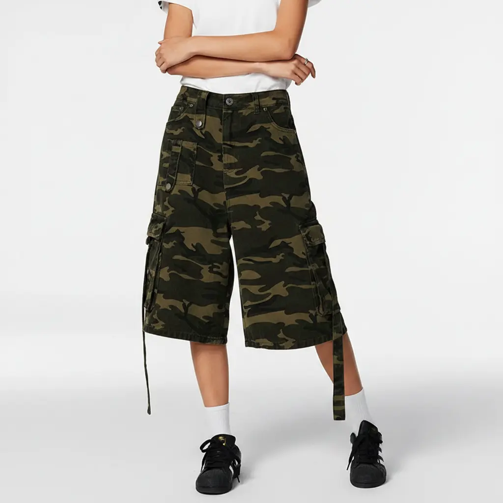 Women's Camo Cargo Jorts, Wide Leg Baggy Bermuda Shorts, Y2K Camouflage Denim Knee‑Length Shorts with Side Pockets & Strap Detail for Streetwear