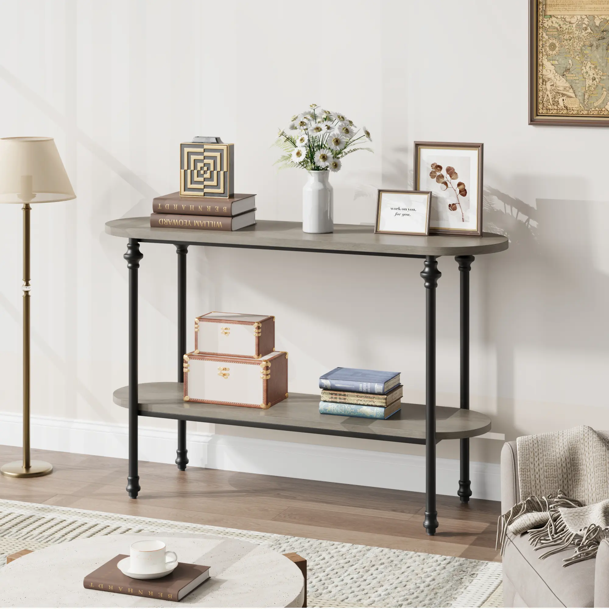 110cm Narrow Country‑Style Sofa Side Table, Metal Frame with MDF Panels, 2‑Tier Shelves for Ample Storage, Multi‑Purpose Console Table for Hallway, Living Room and Entryway, Rustic Brown & Grey