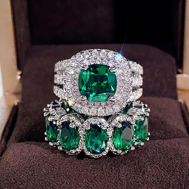 Luxury Emerald Ring Set | Square Geometric Oval Full Eternity Band | High-End Fashion Jewelry