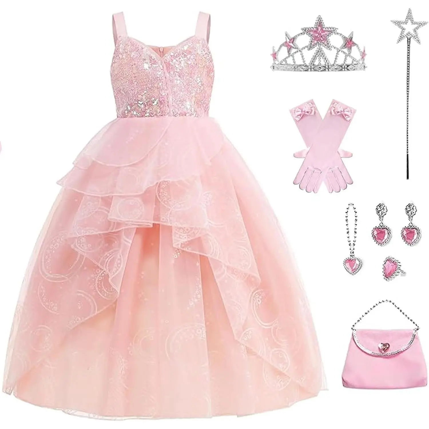 Glinda Dress for Girls Pink Witch Costume Halloween Cosplay Outfits Party Dress with AccessoriesGift