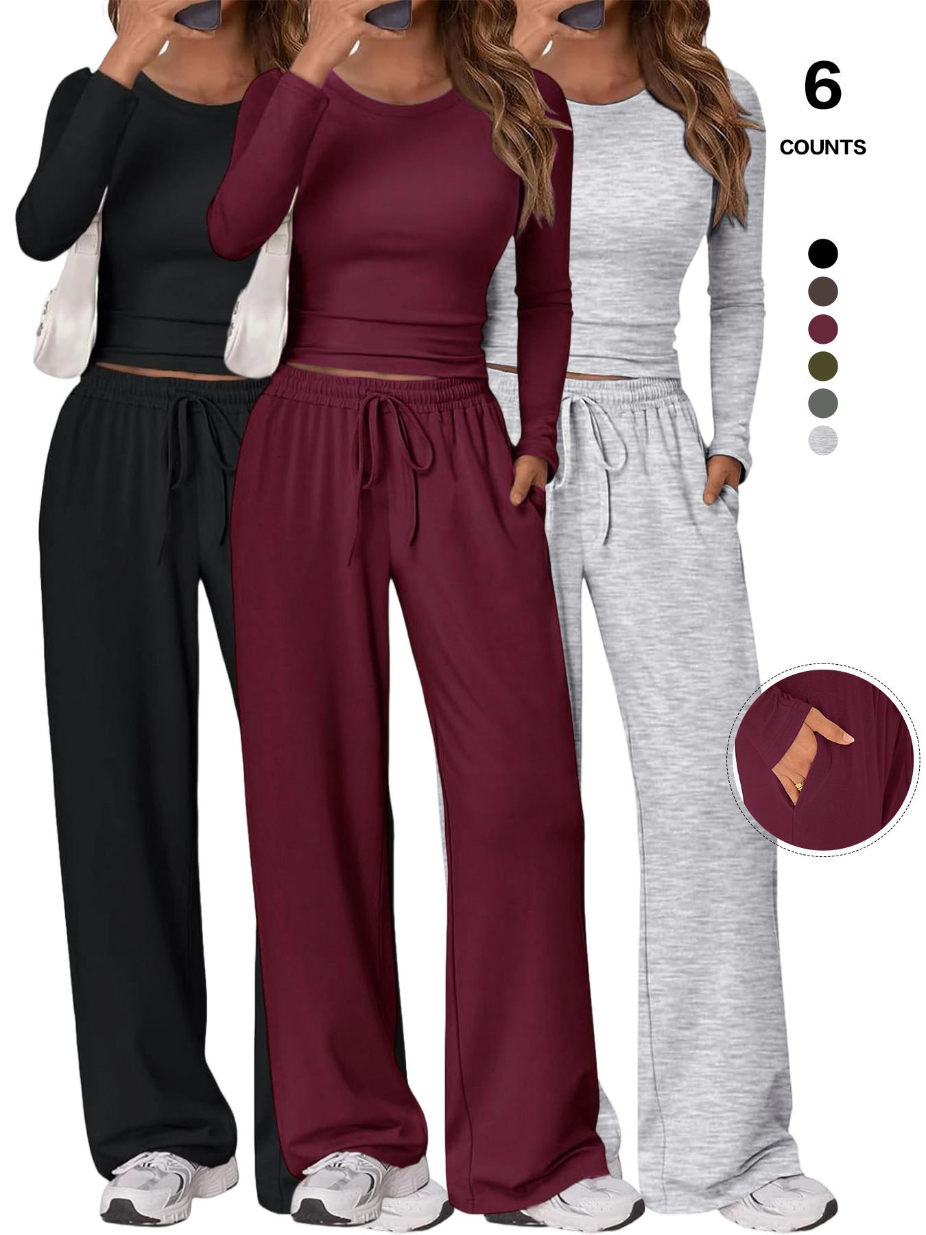 Women's 2 Piece Matching Lounge Set, Long Sleeve Slightly Crop Top & Wide Leg Pants, Casual Workout Set for Comfortable Wear
