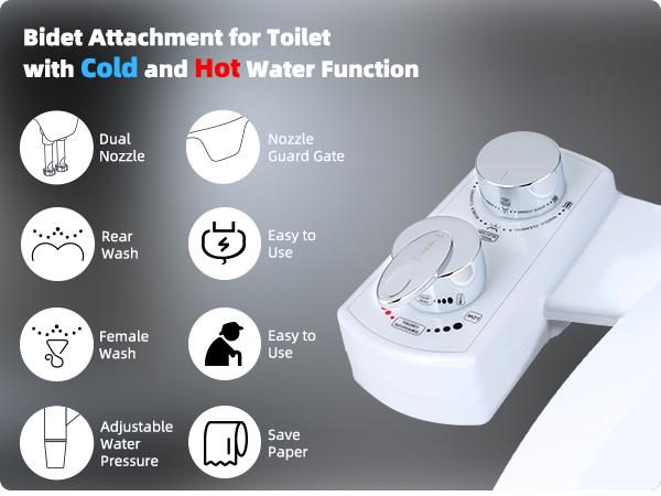 Hibbent Bidet Attachment for Toilet, Hot and Cold Water Spray Non-Electric Dual Nozzle for Frontal & Rear Wash, Adjustable Water Pressure Control, Self Cleaning Water Sprayer, White