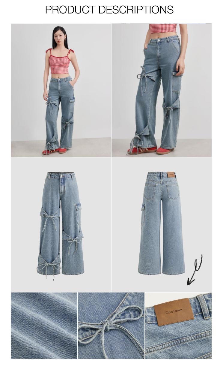 Cider [4 colors, size 0-10] Cider Denim Mid Rise Solid Bowknot Pocket Wide Leg Jeans