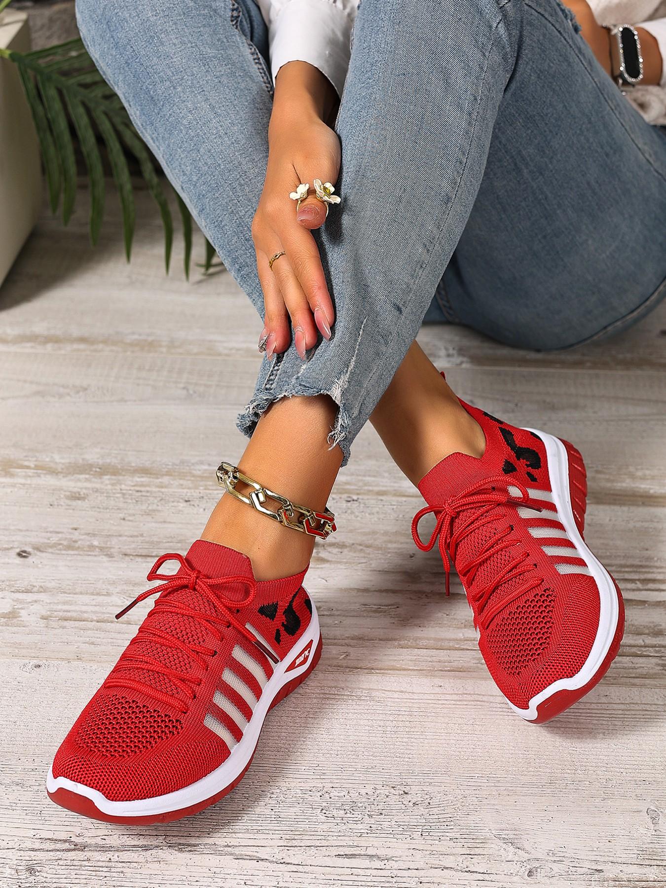 Women's Leopard Print Lightweight Lace-Up Sports Shoes, Breathable Shock Absorption Non-Slip Rubber Sole, Casual All-Season Low Top Sneakers