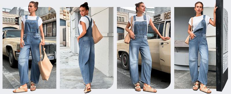 Danedvi Womens Denim Bib Overalls Barrel Leg Adjustable Strap Jean Pants Jumpsuits with Pockets