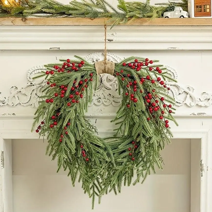 19.7 Inch 1Pcs Heart‑Shaped Christmas Wreath with Artificial Red Berries, Classic Xmas Berry Wreath, Easy‑to‑Hang Wall Decor, Durable Plastic, Indoor Outdoor Holiday Home Decorations,ChristmasWreath,XmasWallDecor,HolidayHomeDecor