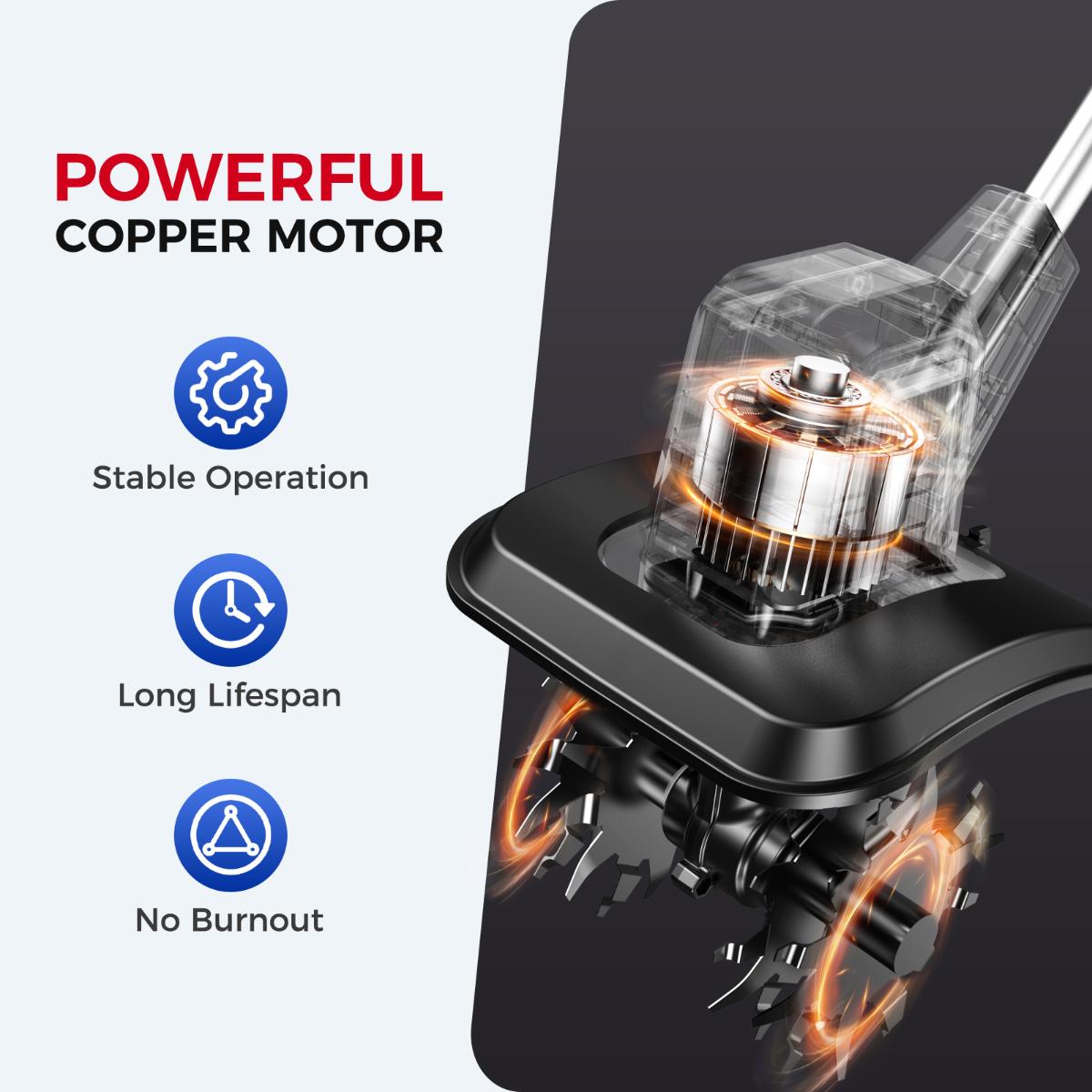 SOARFLY 20V Electric Tiller, 360 RPM, With 2×4.0AH Batteries & Charger, 9 inch Width, 6.6 inch Depth, 48 Steel Tines Rototiller for Lawn/Gardening/Soil Cultivation