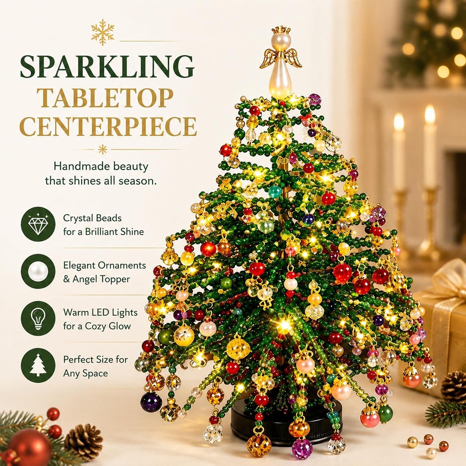 Mini Beaded Desktop Christmas Tree Craft Kit with Colorful Pearls, DIY Small Christmas Tree Decor, Home Office Holiday Centerpiece