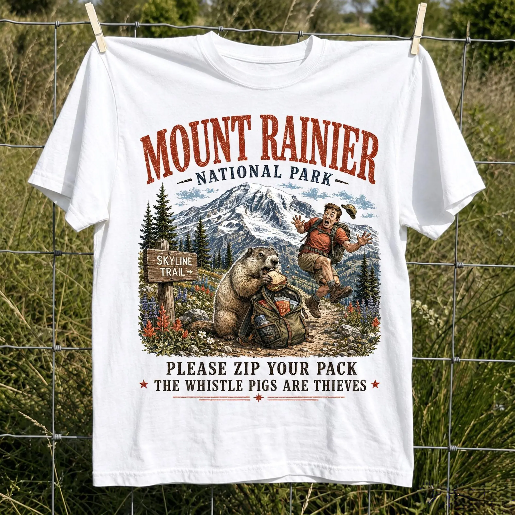 Mount Rainier National Park Hiking Graphic Tee Clean Finish Heavyweight Cotton Tshirt Front Print Whistle Pigs Are Thieves Meme Top Men Short Sleeve Crewneck Top Trending Streetwear Viral Outfit Best Gift Outdoor Adventure