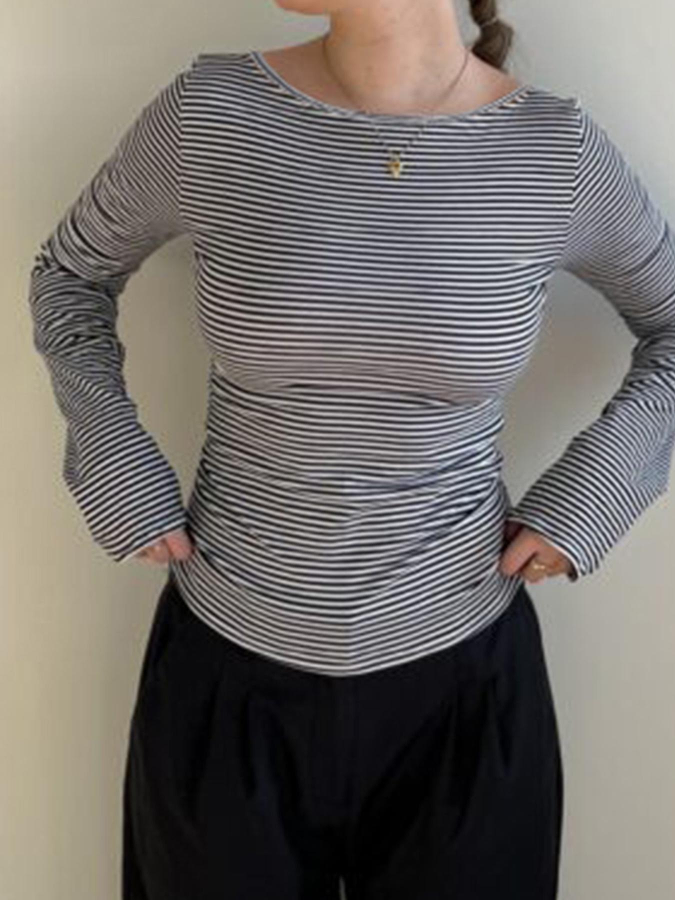 Women's Striped Print Backless Boat Neck Tee, Casual Slim-fitting Long Sleeve T-shirt for Daily Wear, Ladies Clothes for All Seasons Cropped Tees