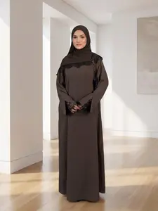 New Muslim Women's Abaya Two-Piece Set, Long Dress and Chiffon Headscarf with Contrast Lace, Elegant Nida Fabric Outfit for All Seasons