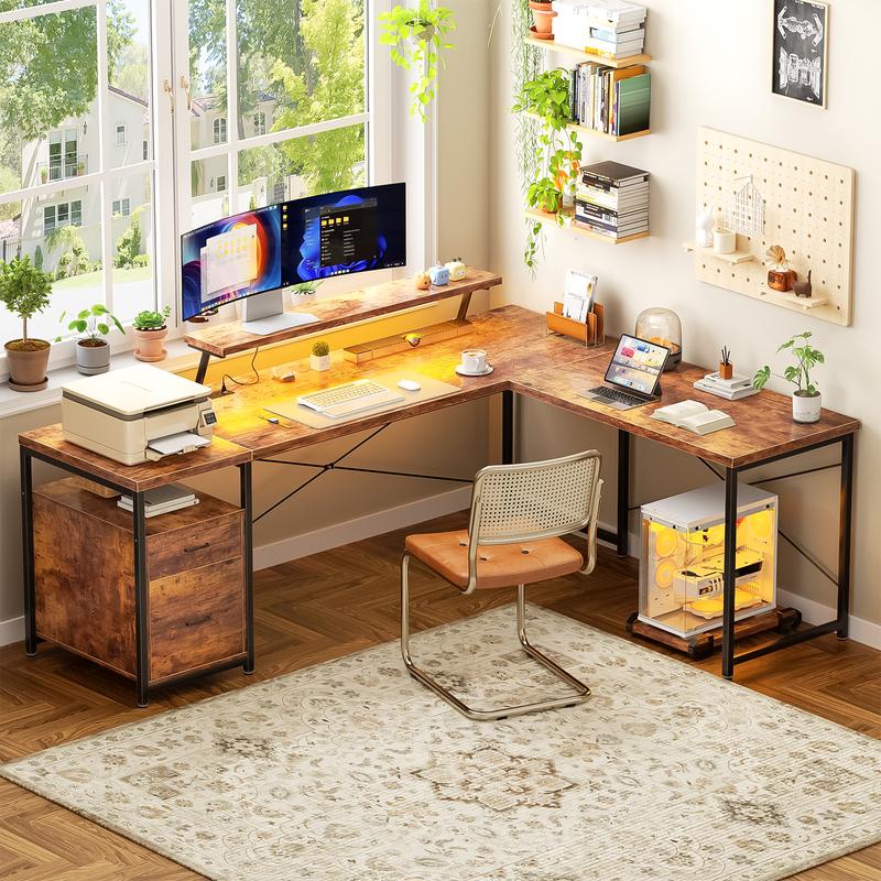 Homieasy  63 Inch L Shaped Desk with Power Outlets & LED Lights, Computer Corner Home Office Desk with File Drawer, Monitor Stand and Removable CPU Stand, Large Storage, Gaming, Writing
