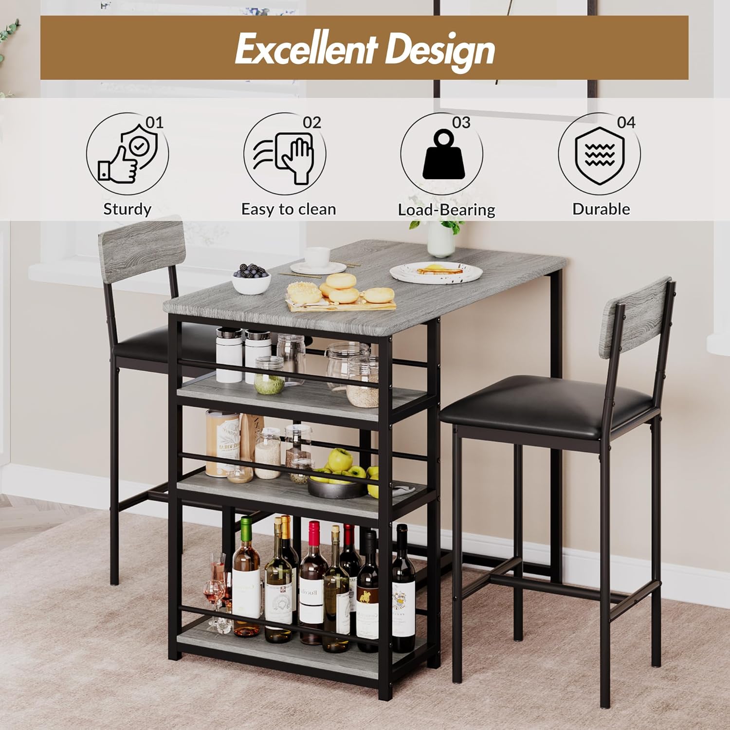 3-Piece Double Bar Table Set with 3-Tier Storage Shelves, Compact Kitchen Dining Table Set with 2 Upholstered Stools, Space-Saving Breakfast Nook for Kitchens, Taverns, Apartments 3-Piece Double Bar Table Set with 3-Tier Storage Shelves, Compact Kitchen Dining Table Set with 2 Upholstered Stools, Space-Saving Breakfast Nook for Kitchens, Taverns, Apartments