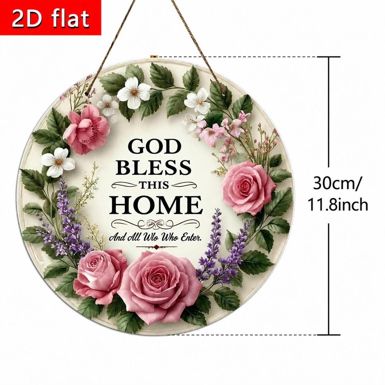 【fathersdaygift】God Bless This Home Round Wooden Sign, Floral Wreath Wall Art, Farmhouse Front Door Hanger, Inspirational Home Decor, Christian Welcome Sign for Porch, Living Room, Housewarming Gift