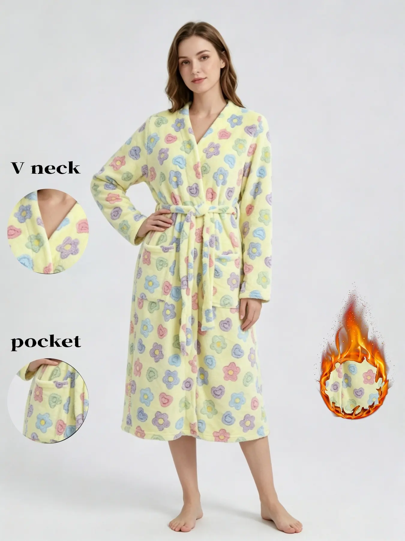 Women's Fall Winter Style Bathrobe, Base Macaron Floral Long Sleeve, V Neck Kimono Tie Waist Dual Pockets Coral Fleece Sleepwear