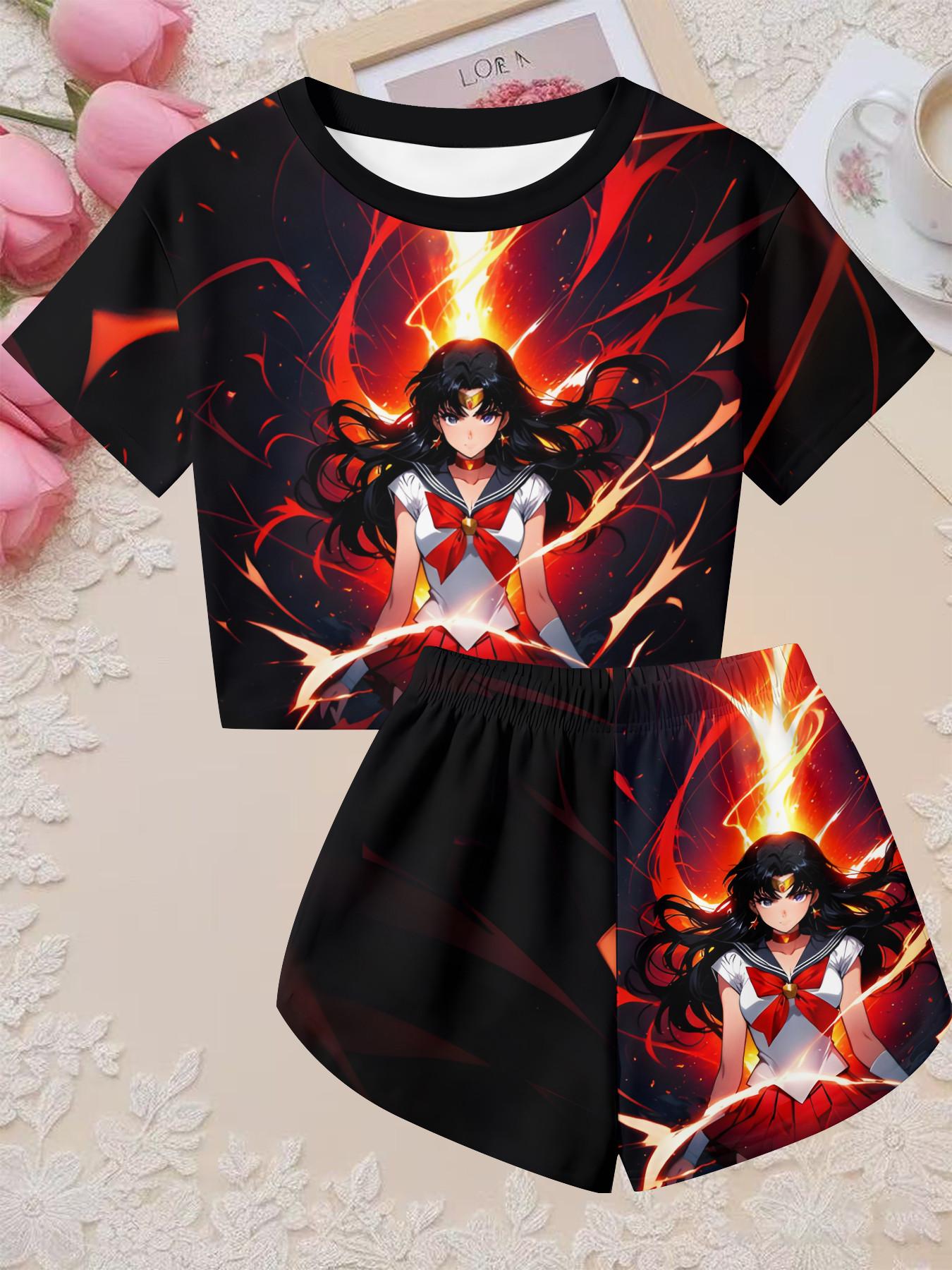 Girls' 3D Sailor Moon Theme Print Set, Flame Two-Piece, Perfect for Parties, Gifts, Birthdays, Casual Slim Fit