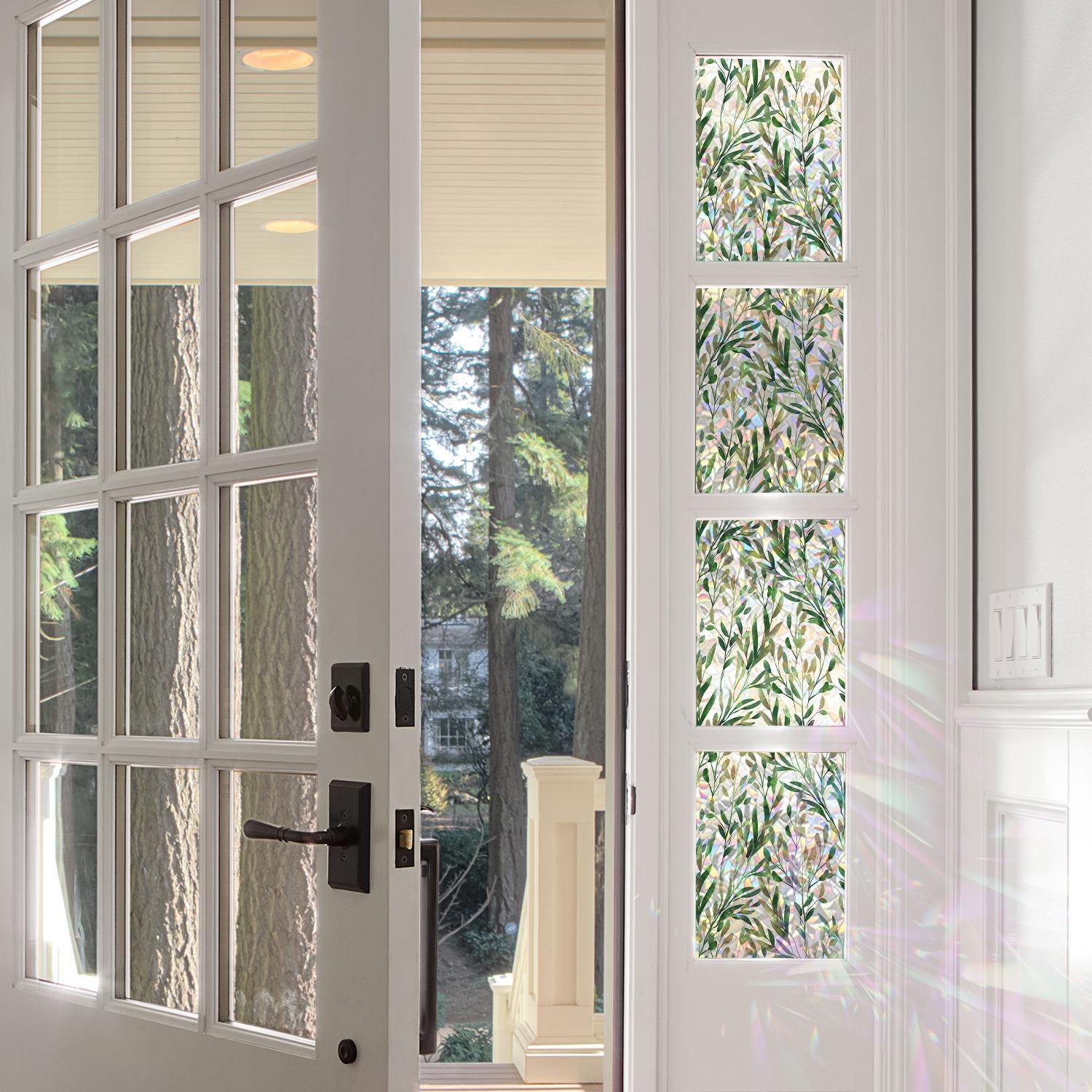 Leaf Laser Window Sticker, Spring Summer Fresh Style Decorative Static Window Sticker, Glue-Free Electrostatic Glass Decoration Film