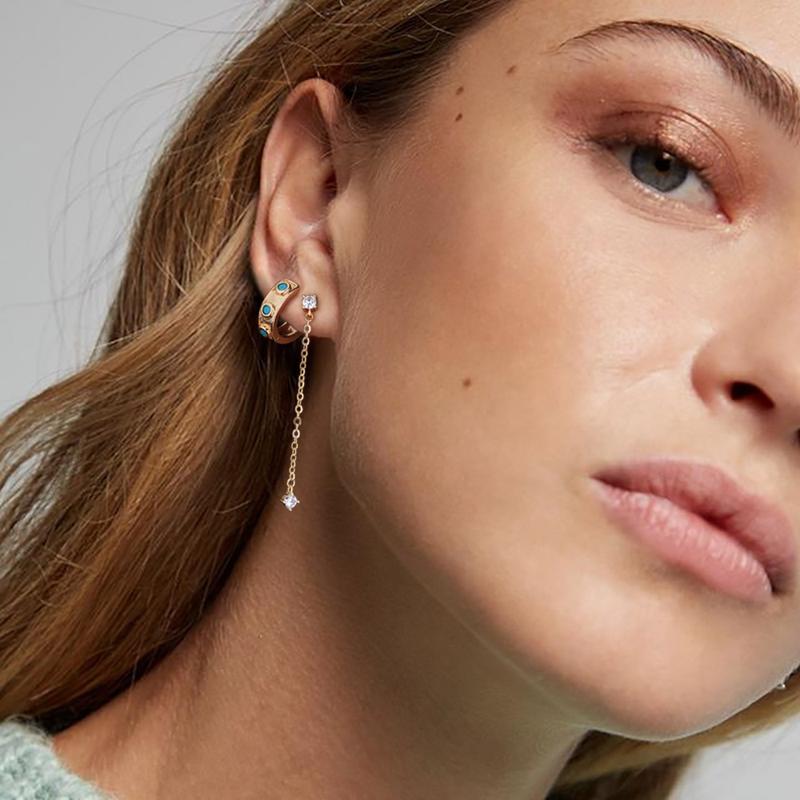 Fettero Earrings Gold Stud Chain Cubic Zirconia Dangle Drop 248