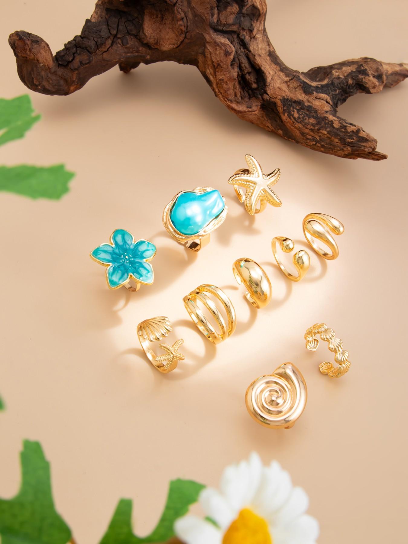 10 Pcs Boho Beach Starfish Ring Set, Boho Style Rings, Alloy Flower Stackable Finger Rings, Beautiful Rings, Party Jewelry, Gift for Holidays, Birthday and Beach