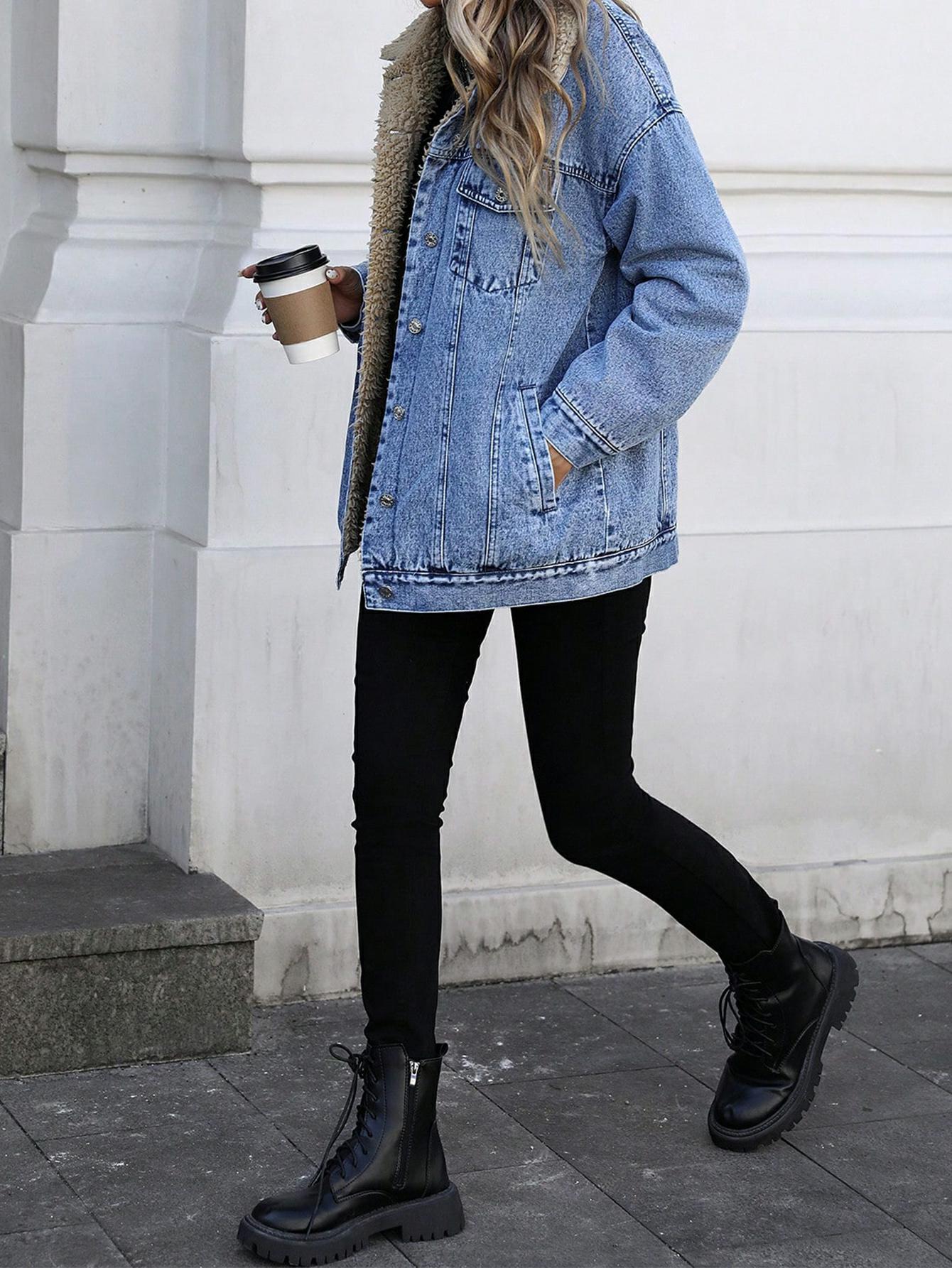 Women's Fall Winter Casual Jacket, Elegant Solid Color Stand Collar Thick Warm Denim Coat, Versatile Outerwear for Women