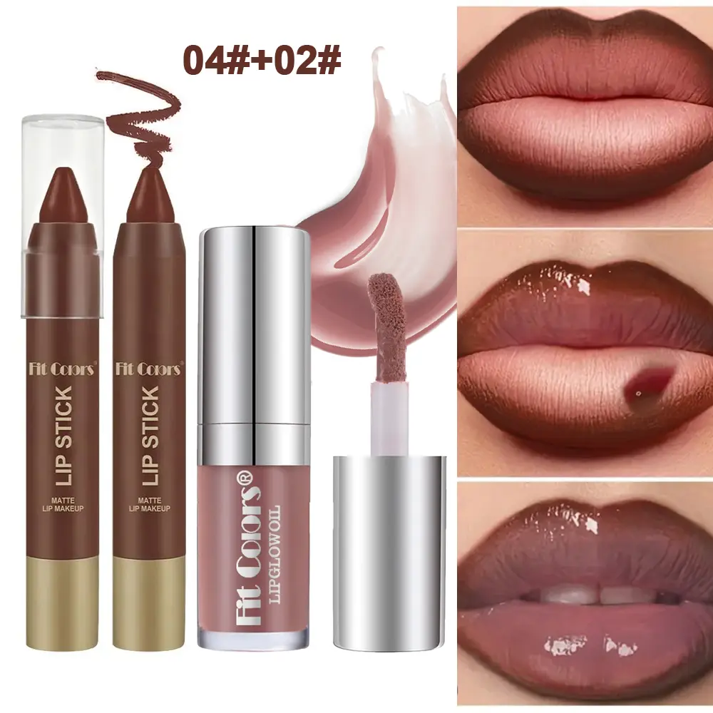 Fit Colors Matte Lip Liner Lip Bullet and Moisturizing Pearl Lip Oil Set Lip Combo, Natural Nude Glossy Lip Makeup, Long-Lasting Hydration Gift
