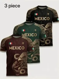 3-Pack Men's Round Neck T-Shirts, Moisture-Wicking Sportswear, Athletic Tees, Mexican Pattern Design, Lightweight Gym Training Tees, Casual Daily Wear