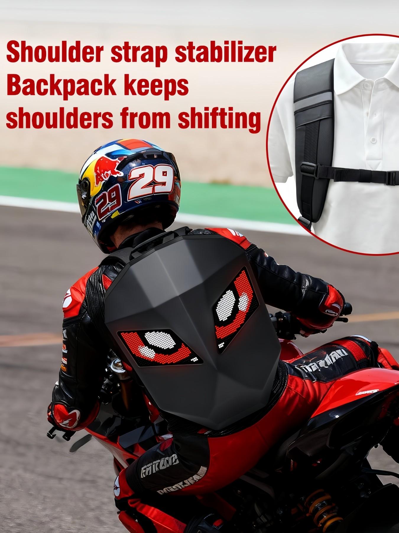 LED Motorcycle Backpack with Programmable Rider Eye and RGB Lighting, USB APP Control, Expandable Storage, Durable Design