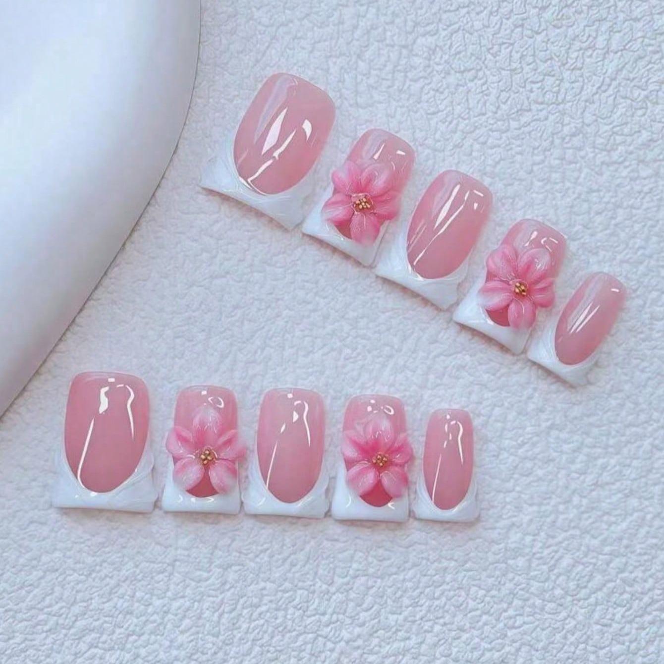 10-Piece Y2K Nail Set, Fashion Duckbill Shape Press On False Nails Kit, Handmade Style, 3D Flowers & Gold Beads, DIY Manicure Tools, Handmade Acrylic Nails