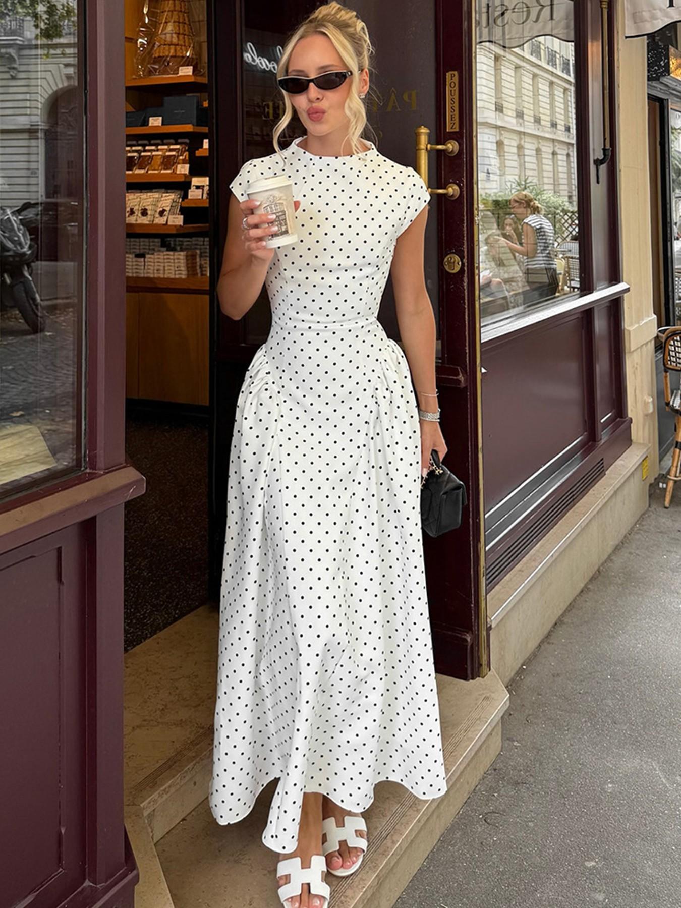 Boho Polka Dot Print A-Line O-Neck Maxi Dress, Elegant Summer Party Casual Long Dress for Women, Fashion Dress for Holiday