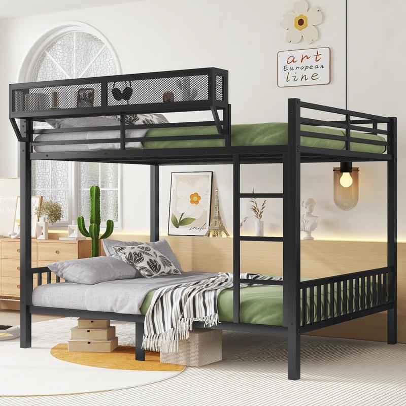 Queen Over Queen Bunk Beds Frame for Adults, Metal Bunk Bed Queen Size with Storage Shelf, Heavy-Duty Bunk Bed Frame with Ladder and Slats Support ,Space-Saving, Noise Reduced, Black