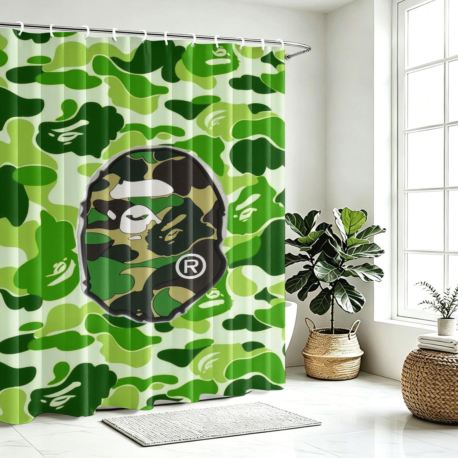 Waterproof Fabric Decorative Shower Curtain With Hooks, Featuring A Camouflage Ape Head Print. Made Of Waterproof And Mildew-Resistant Polyester/Peva, Suitable For Bathroom Decoration For Teenagers And Children. Machine Washable Bathroom Shower Curtains.