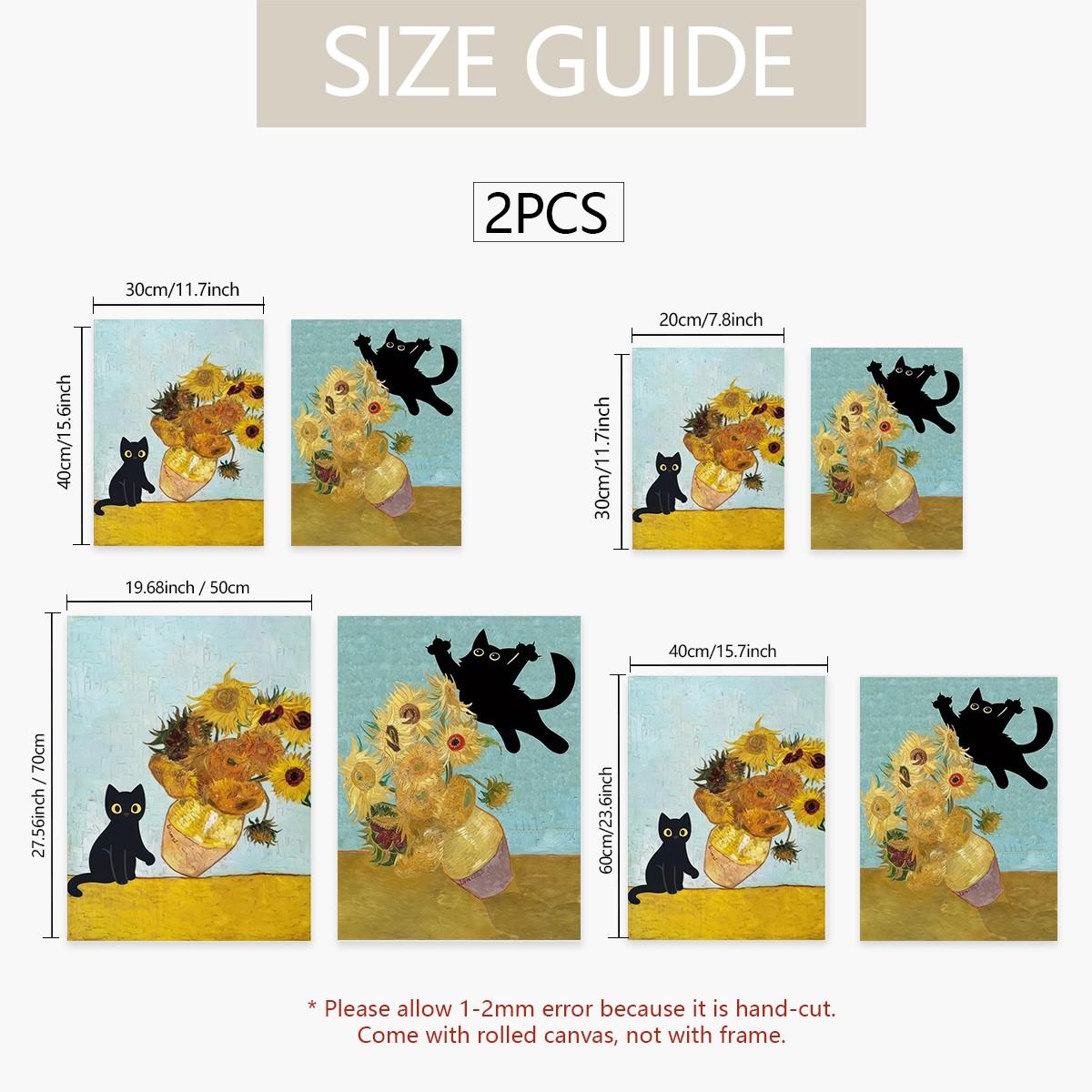 2 Piece Set Frameless Canvas Poster, Fun Cat Vase Illustration, Wall Art for Bedroom Office Living Room Cafe Bar Home Dorm Decor