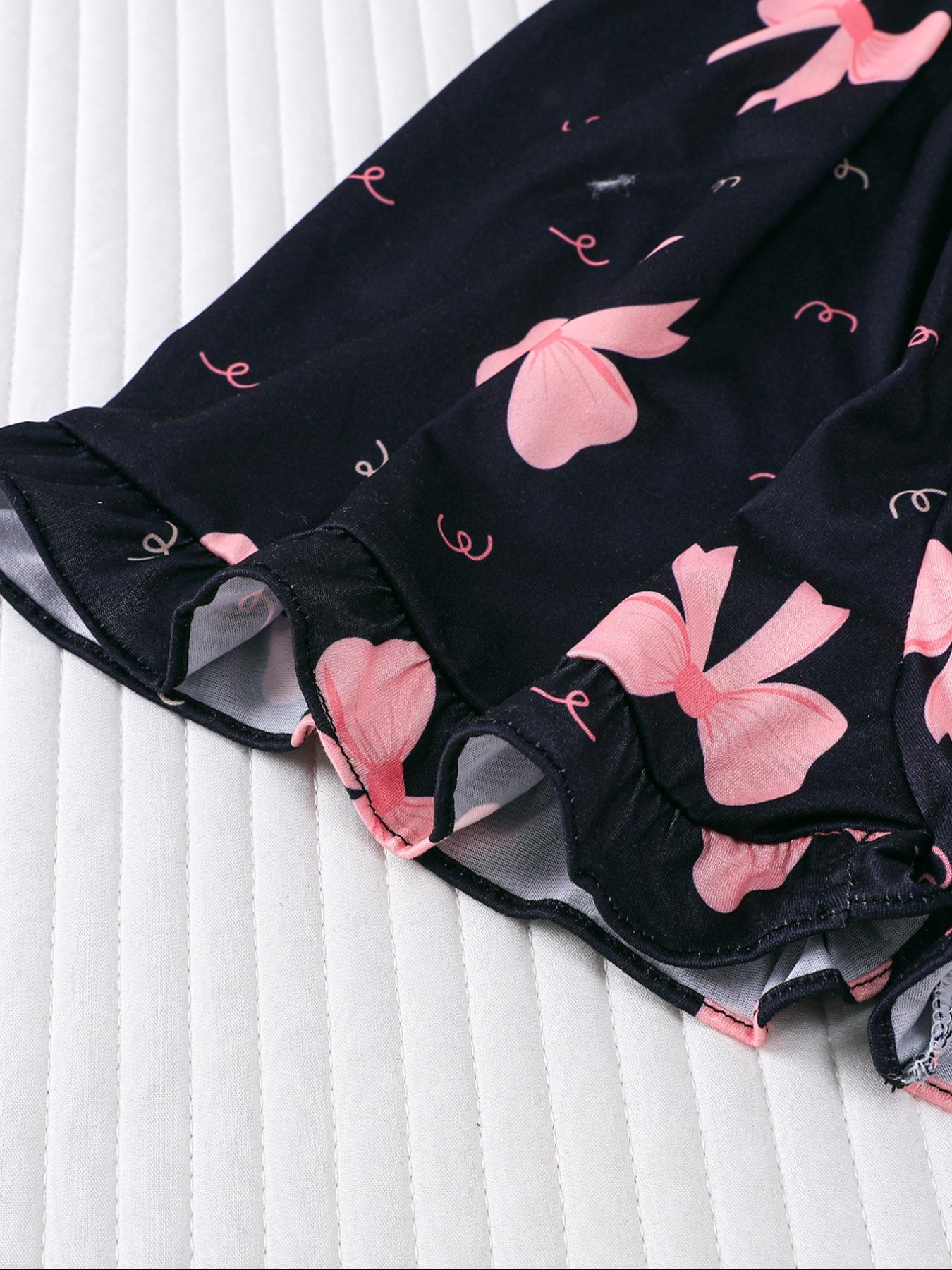 Sweet Bow Print Kids Pajama Set, Base Fitted Short Sleeve Top & Elastic Waist Shorts, Casual Home Wear for Girls, Pajama Sleepwear